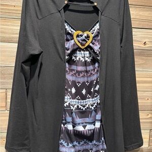 Black Cardigan with Patterned Dress